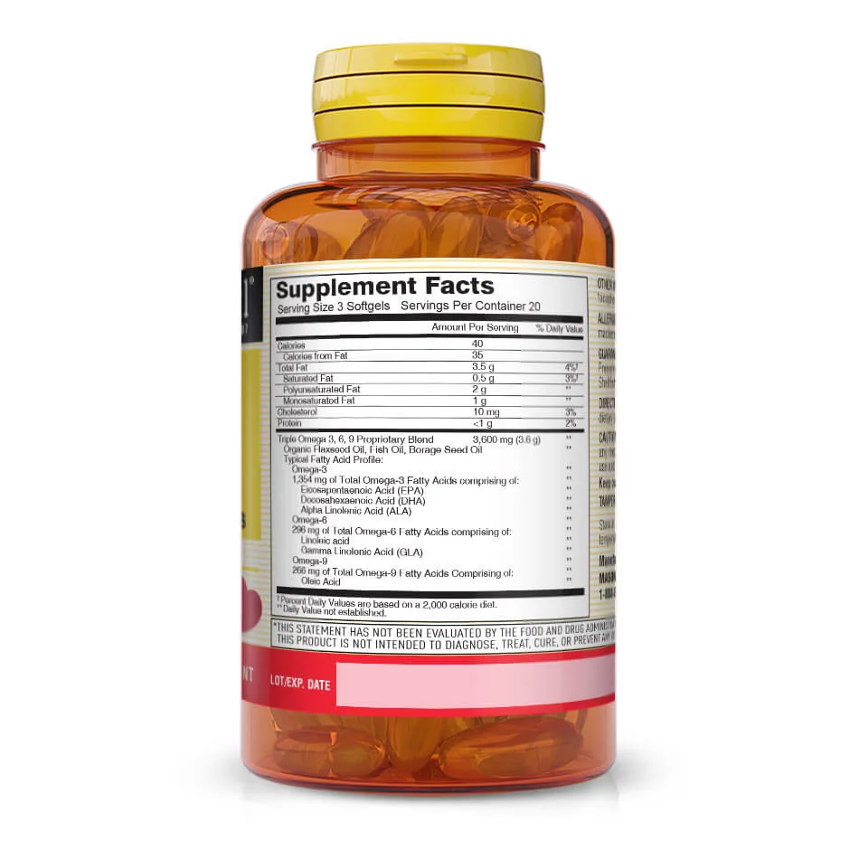 Omega 3-6-9 1200mg Fish, Flax, & Borage Oil Softgels foto 3
