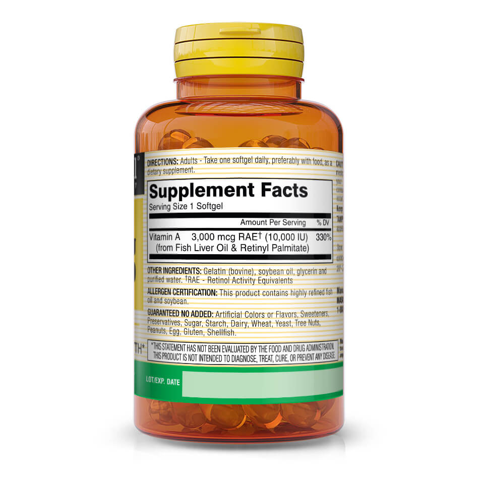 Vitamina A 3,000mcg (10 000 UI) de Aceite de hígado de pescado